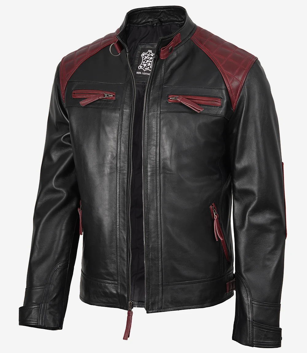Blouson En Cuir Matelassé Noir Et Bordeaux Cafe Racer Pour Homme