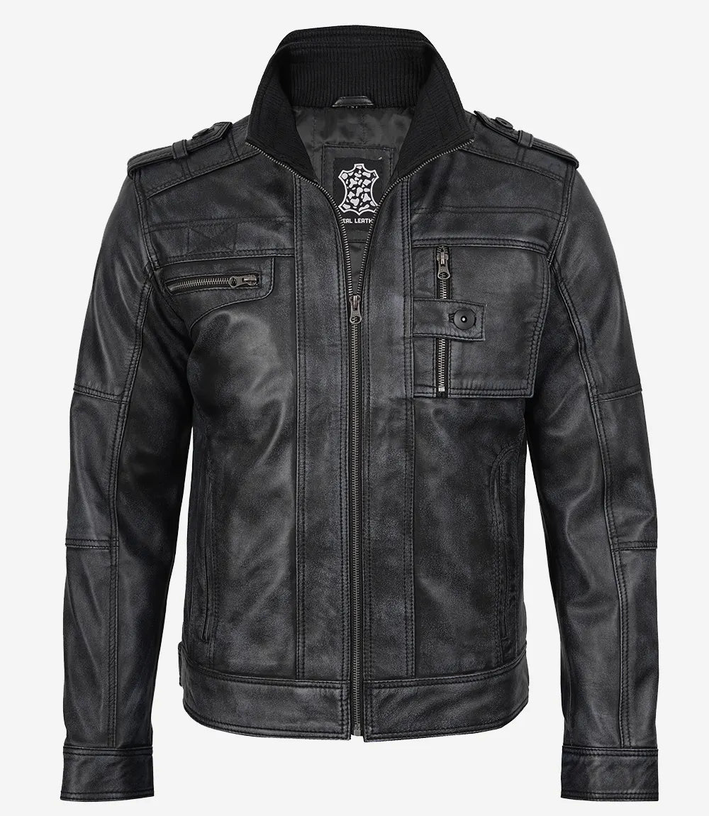 Tavares Veste De Motard En Cuir Noir Vieilli