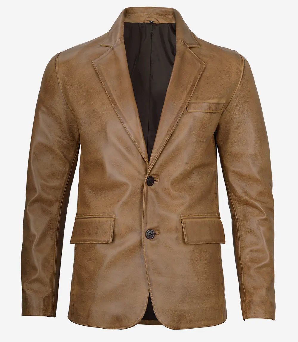 Camel Marron En Cuir Blazer