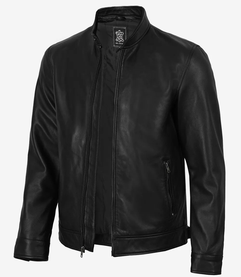 Veste Cafe Racer en cuir véritable noir pour homme
