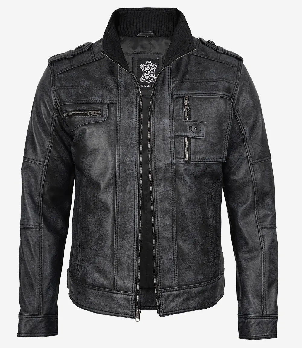 Veste De Motard En Cuir Noir Vieilli Pour Homme
