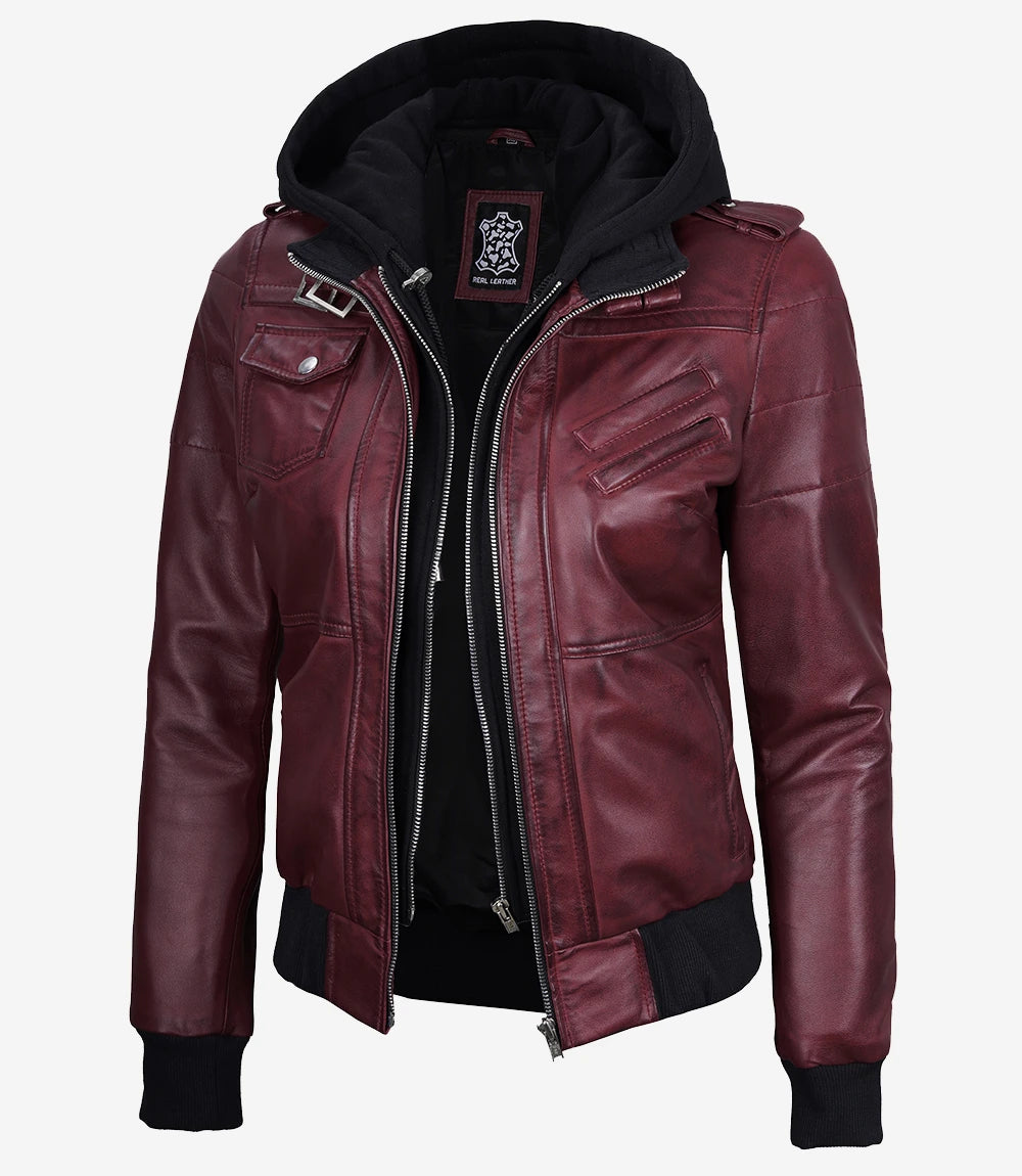 Veste En Cuir Bordeaux Avec Capuche Amovible Pour Femme