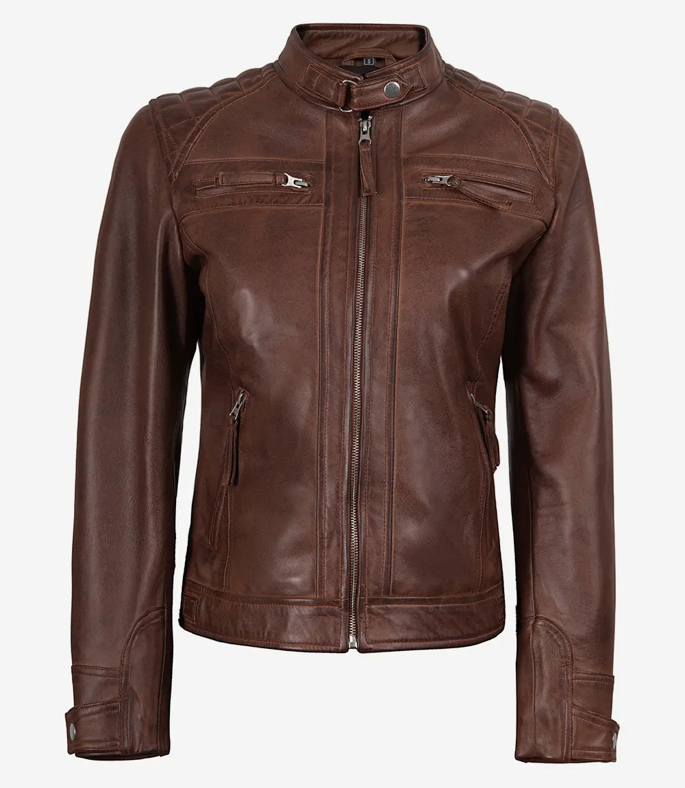 Johnson gesteppte Cognac Cafe Racer Damen-Lederjacke