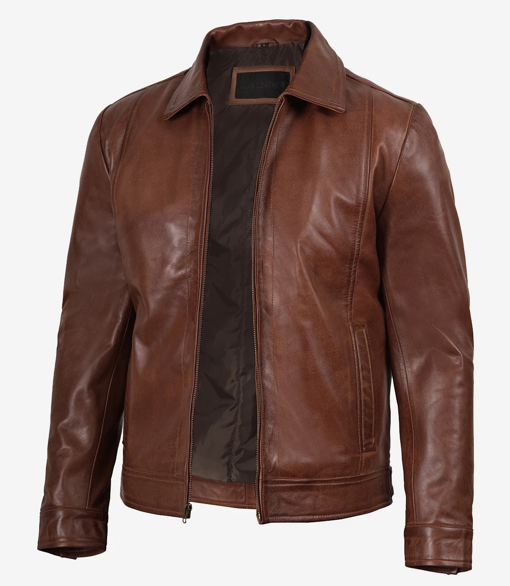 Veste en cuir marron Harrington pour hommes