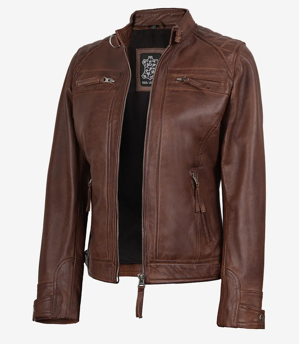 Johnson gesteppte Cognac Cafe Racer Damen-Lederjacke