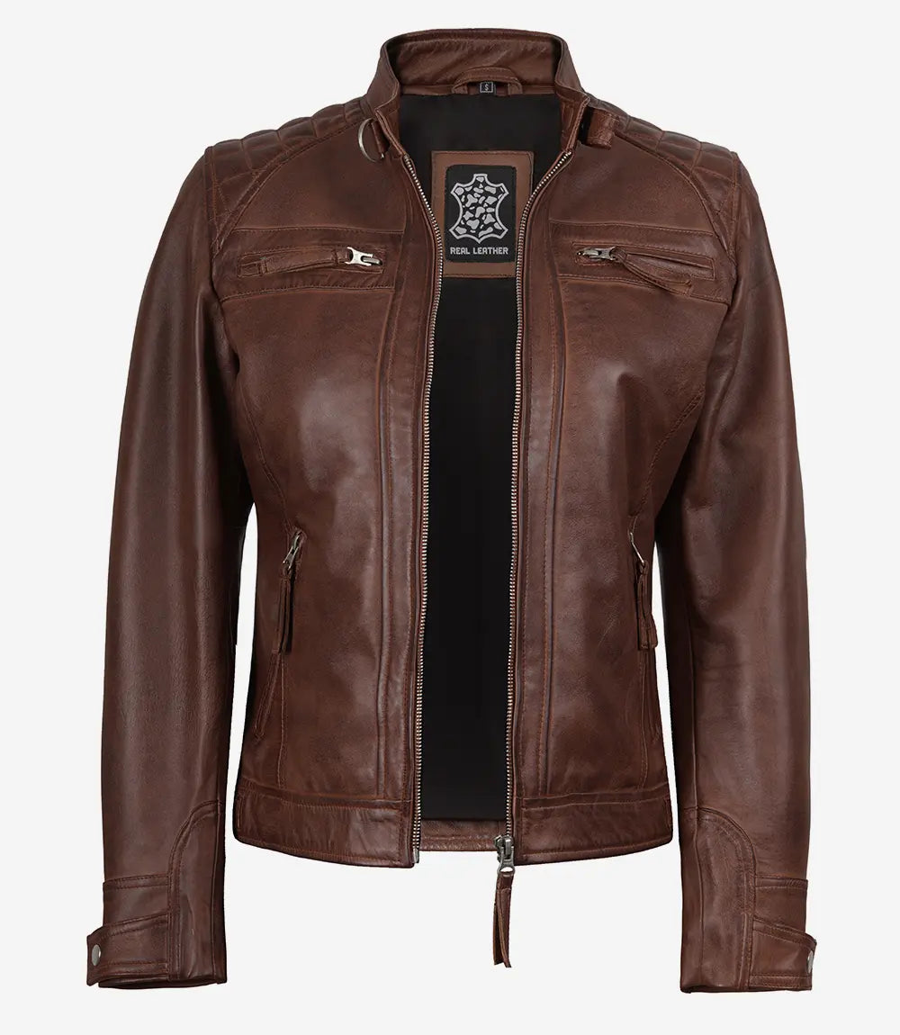 Johnson gesteppte Cognac Cafe Racer Damen-Lederjacke