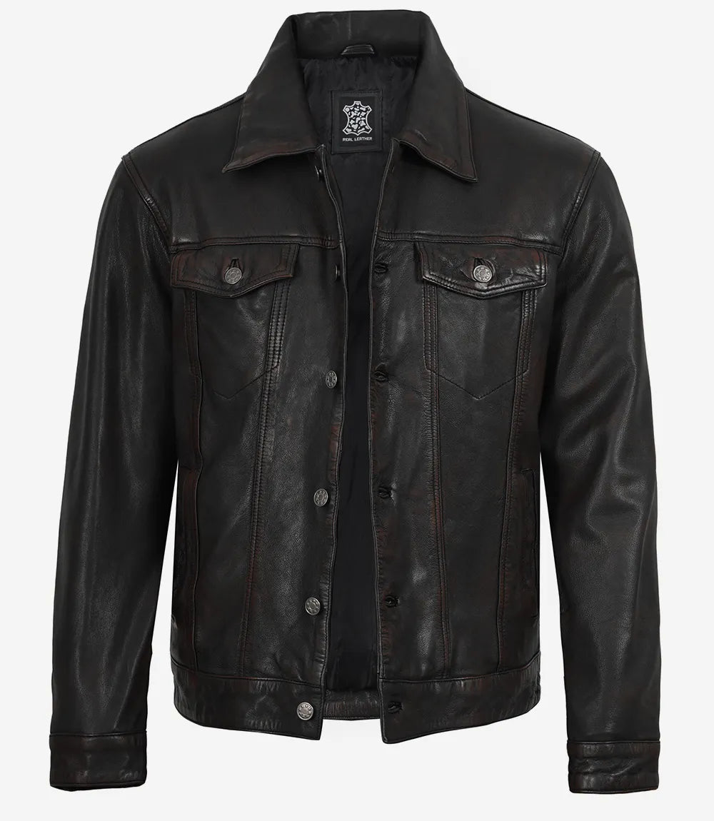 Homme Vieilli Bordeaux Noir Délavé Trucker Veste En Cuir