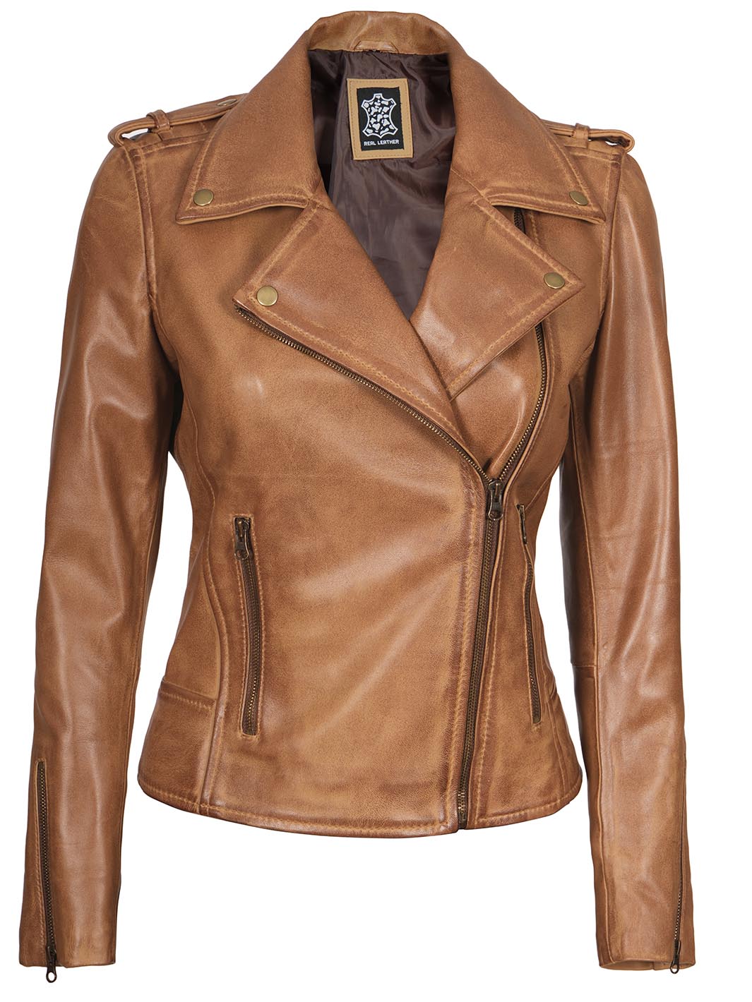 Kirsten Veste asymétrique en cuir marron chameau pour femme
