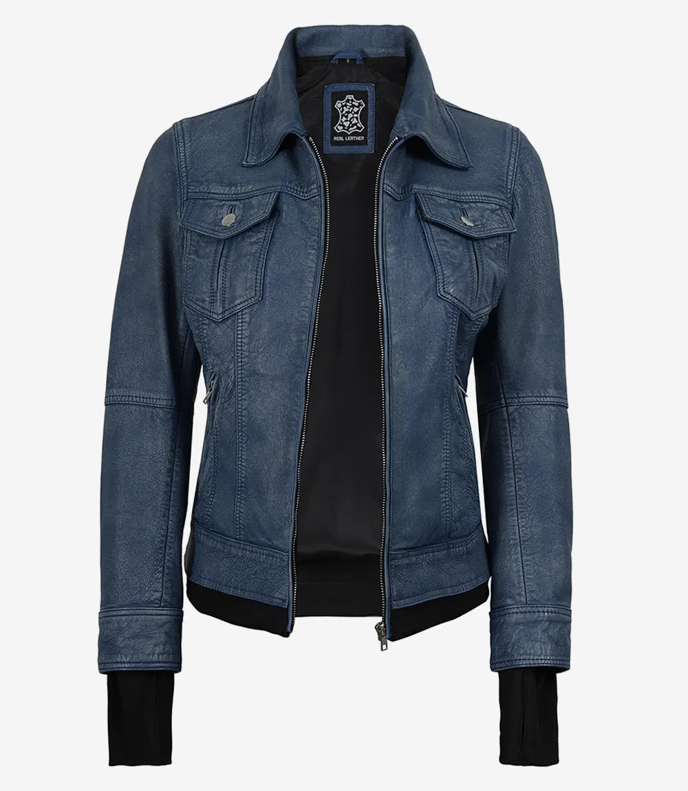 Femmes Bleu Denim Style Lavé Cuir Veste