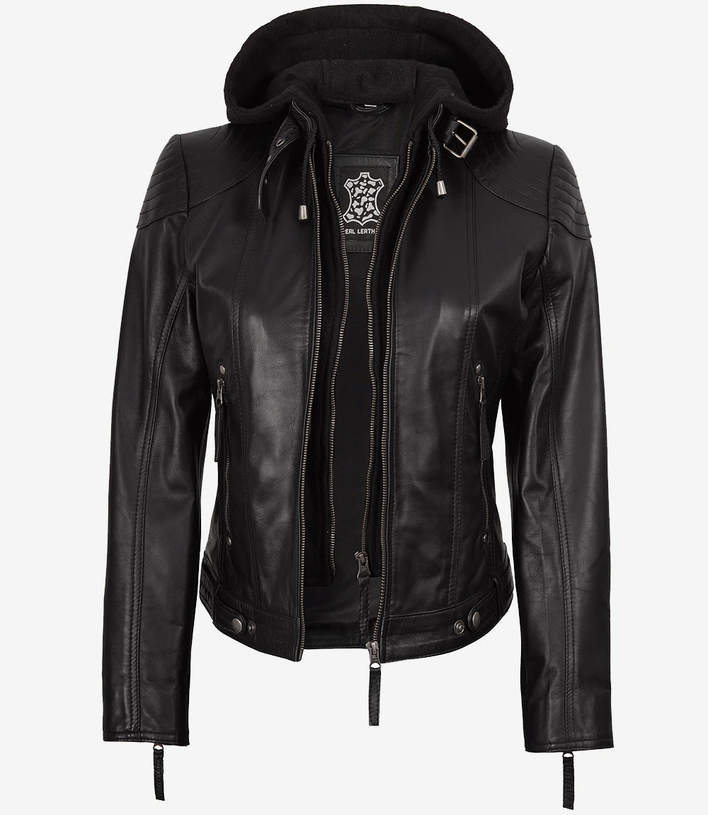 Veste en cuir noire à capuche pour femme
