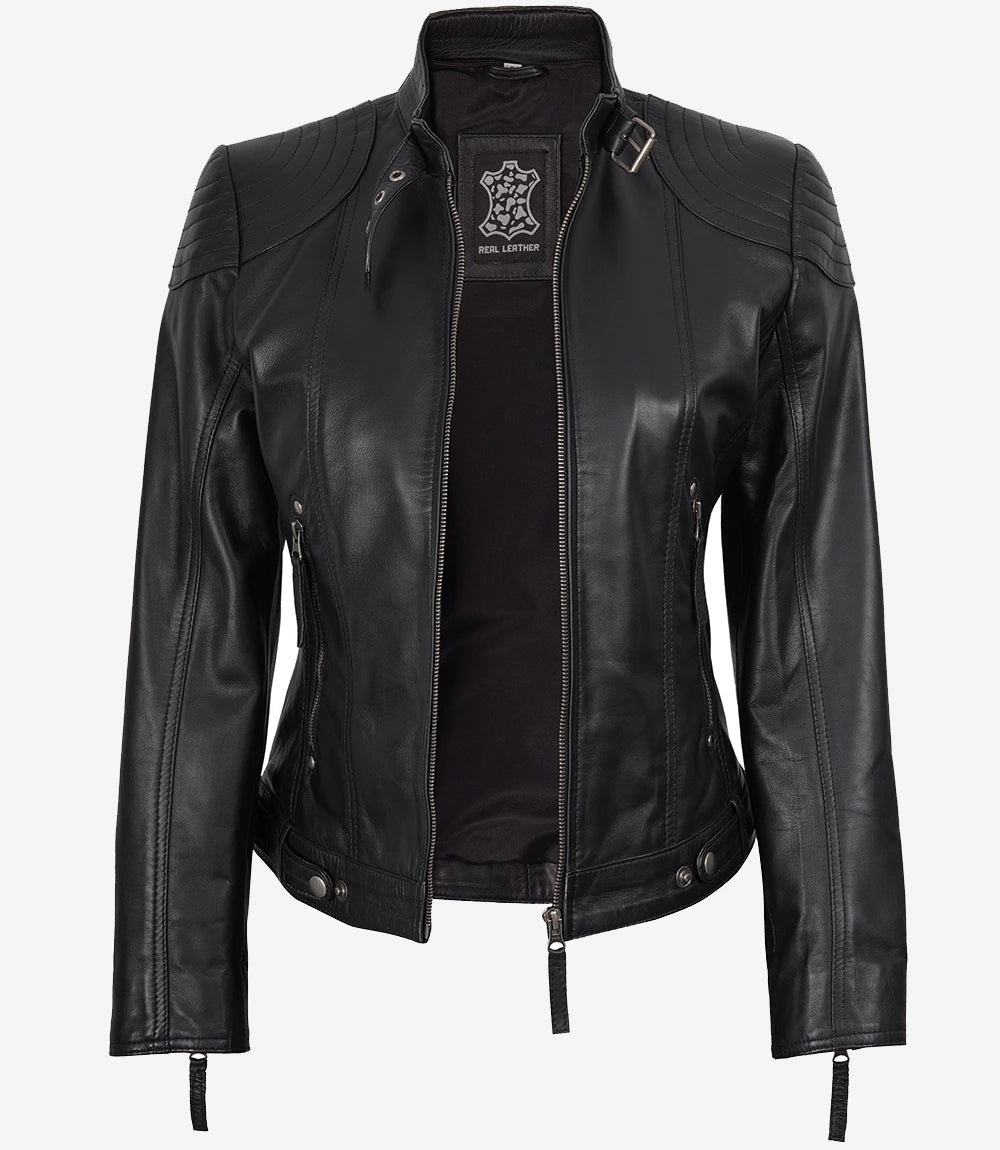 Veste en cuir véritable noir pour femme