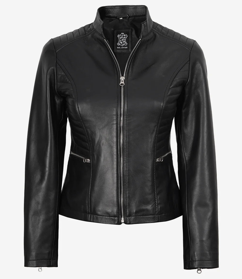 Blouson en cuir noir Cafe Racer femme