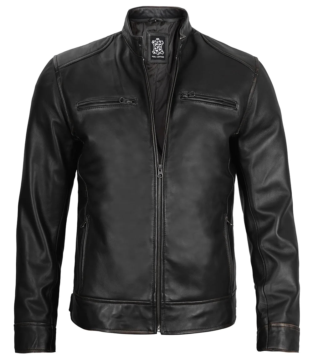 Dodge Herren Cafe Racer Bikerjacke aus schwarzem Leder