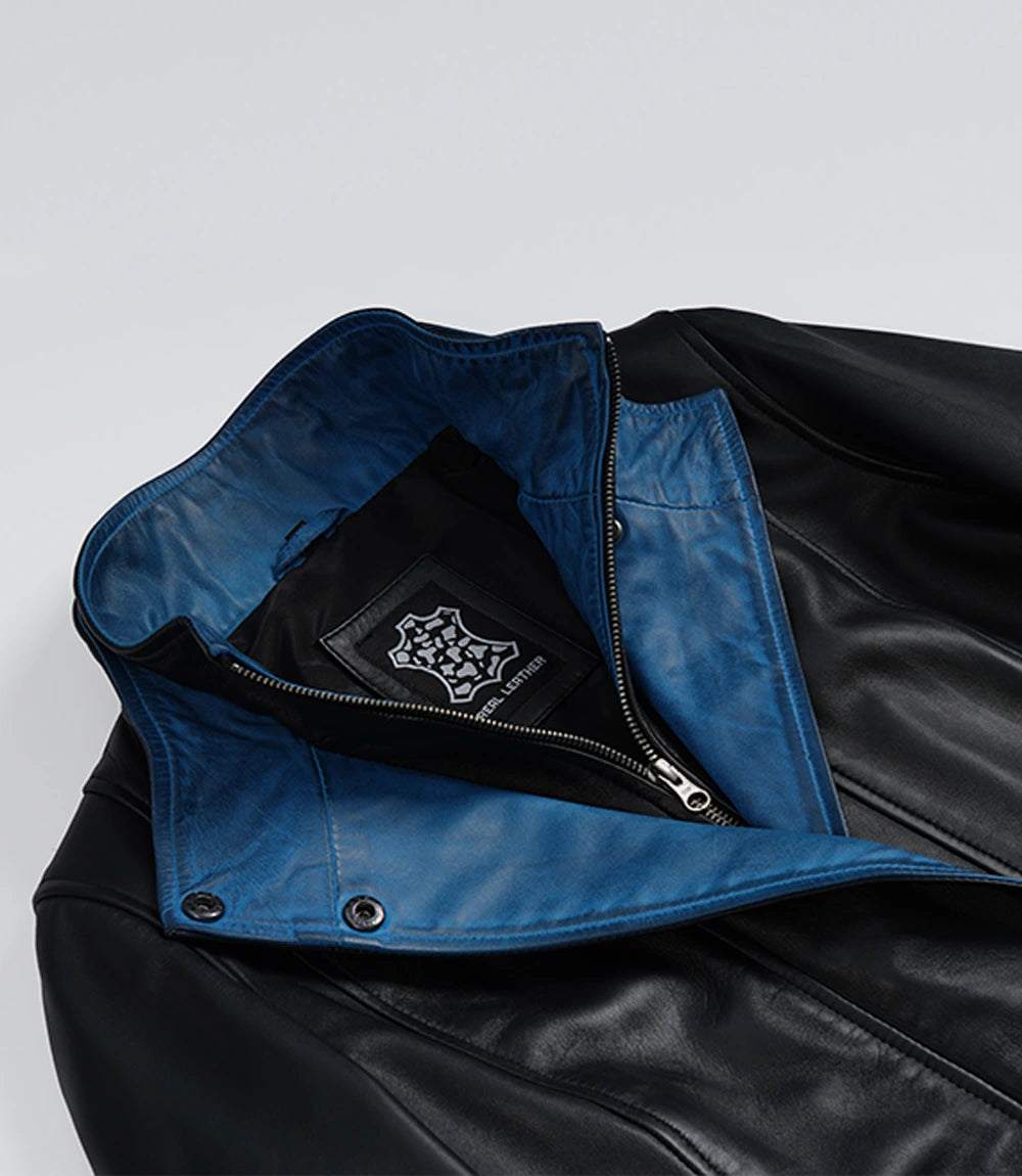 Femmes Cuir Veste Bleu Intérieur Revers