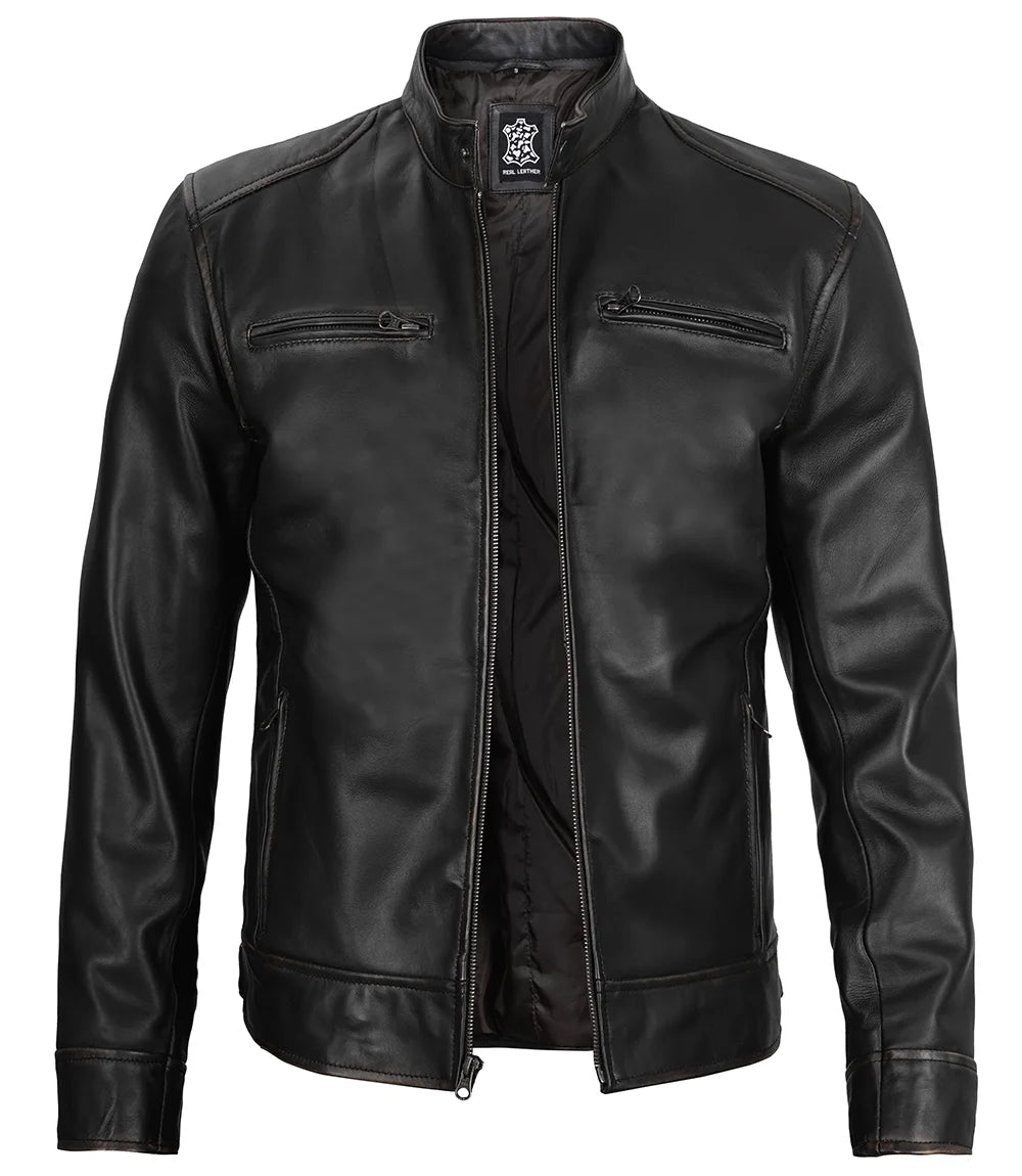 Dodge Herren Cafe Racer Bikerjacke aus schwarzem Leder