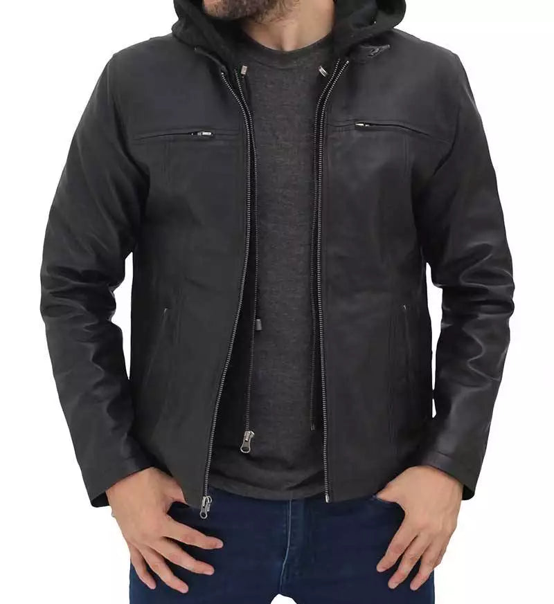 veste en cuir noir avec capuche homme