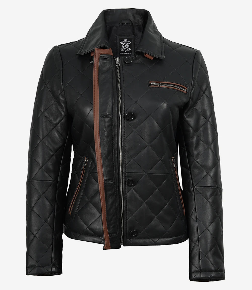 Femmes Noir Cuir Veste avec Brun Garniture