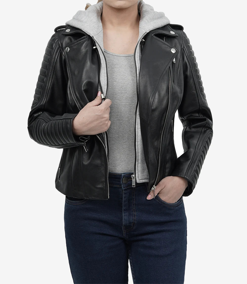 Veste en cuir véritable noir pour femme