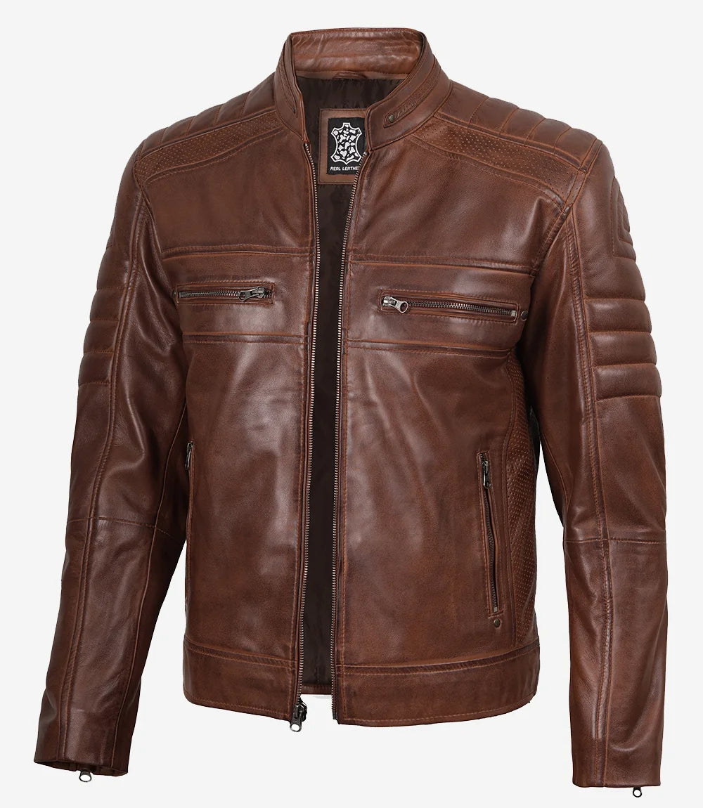 veste de motard en cuir marron