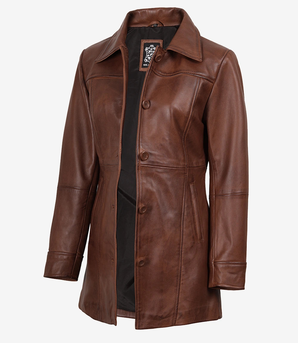 manteau de voiture en cuir cognac pour femme