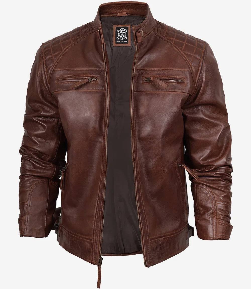 veste en cuir marron café racer pour homme