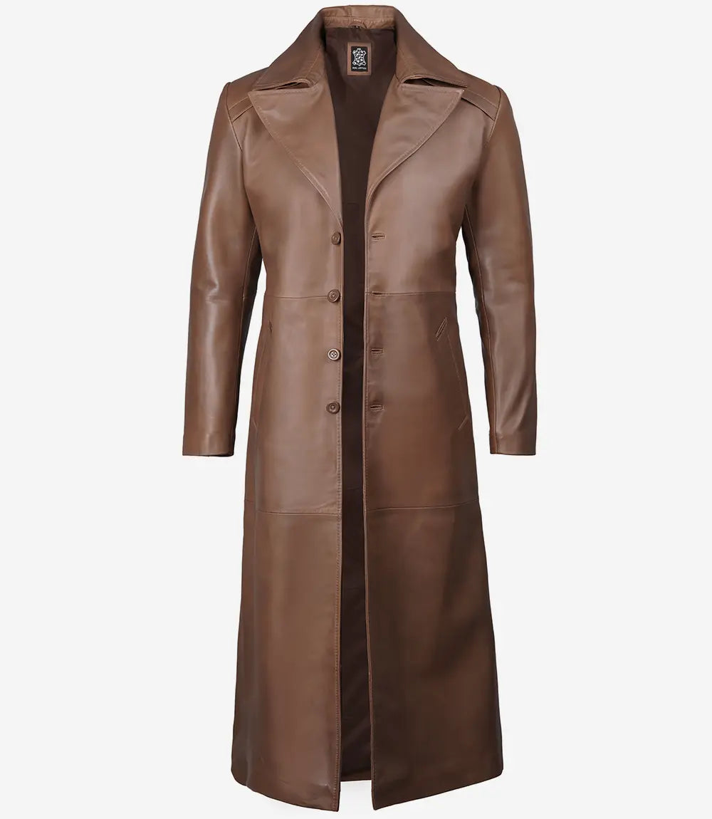 Jackson Herren-Langer Mantel aus braunem Leder im Used-Look