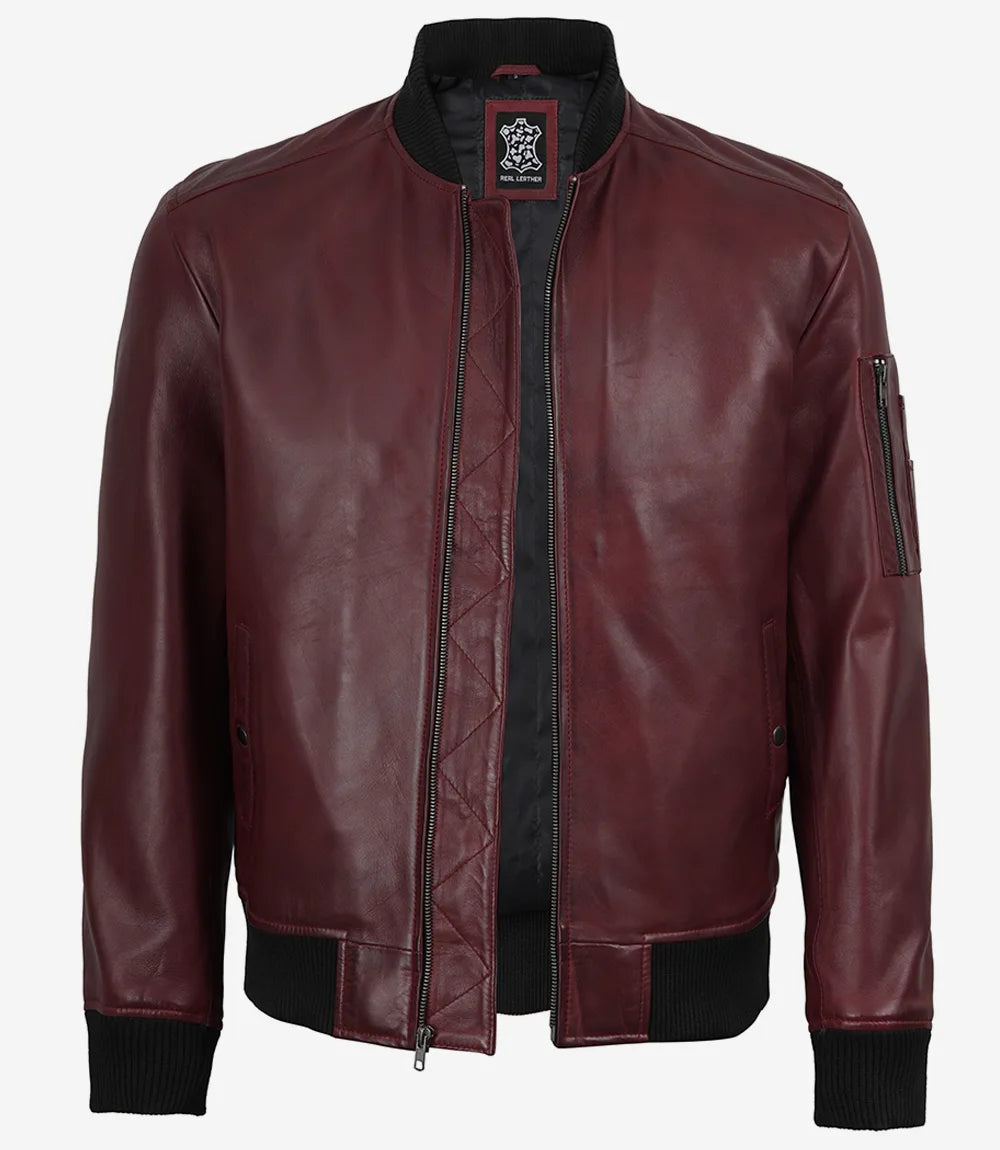 Blouson Aviateur Bomber En Cuir D'agneau Bordeaux