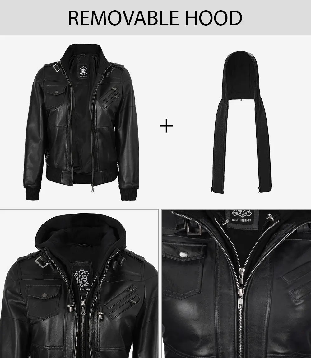 Veste en cuir noire à capuche pour femme