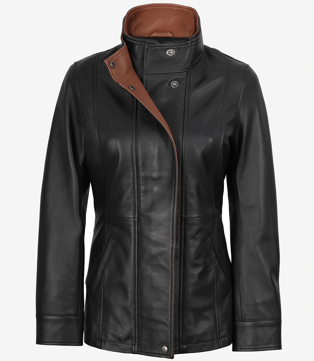 Femmes Large Revers Noir Cuir Veste