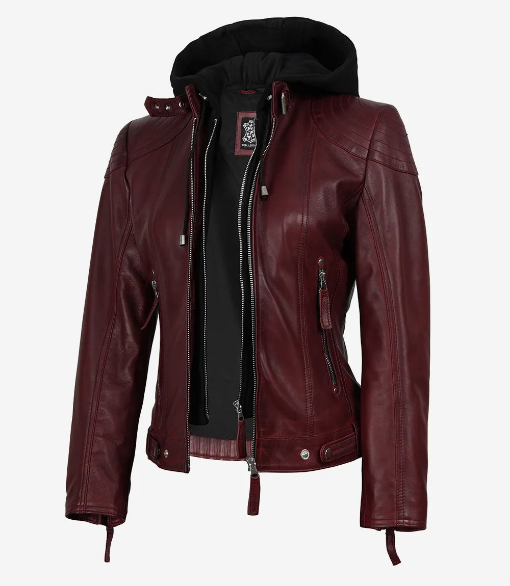 Femmes Cuir Veste Avec Amovible Capuche