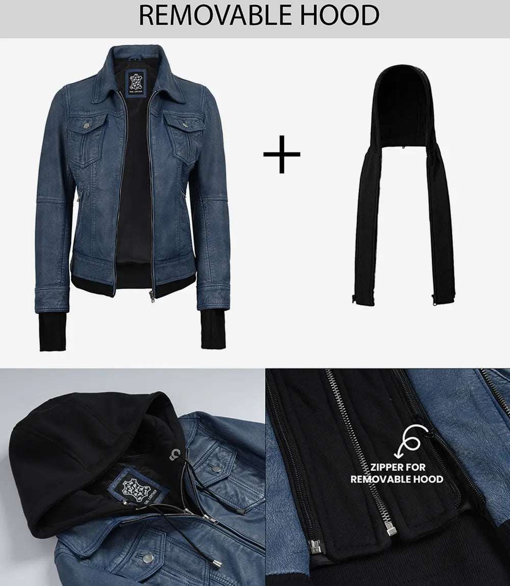 Femmes Bleu Denim Style Lavé Cuir Veste