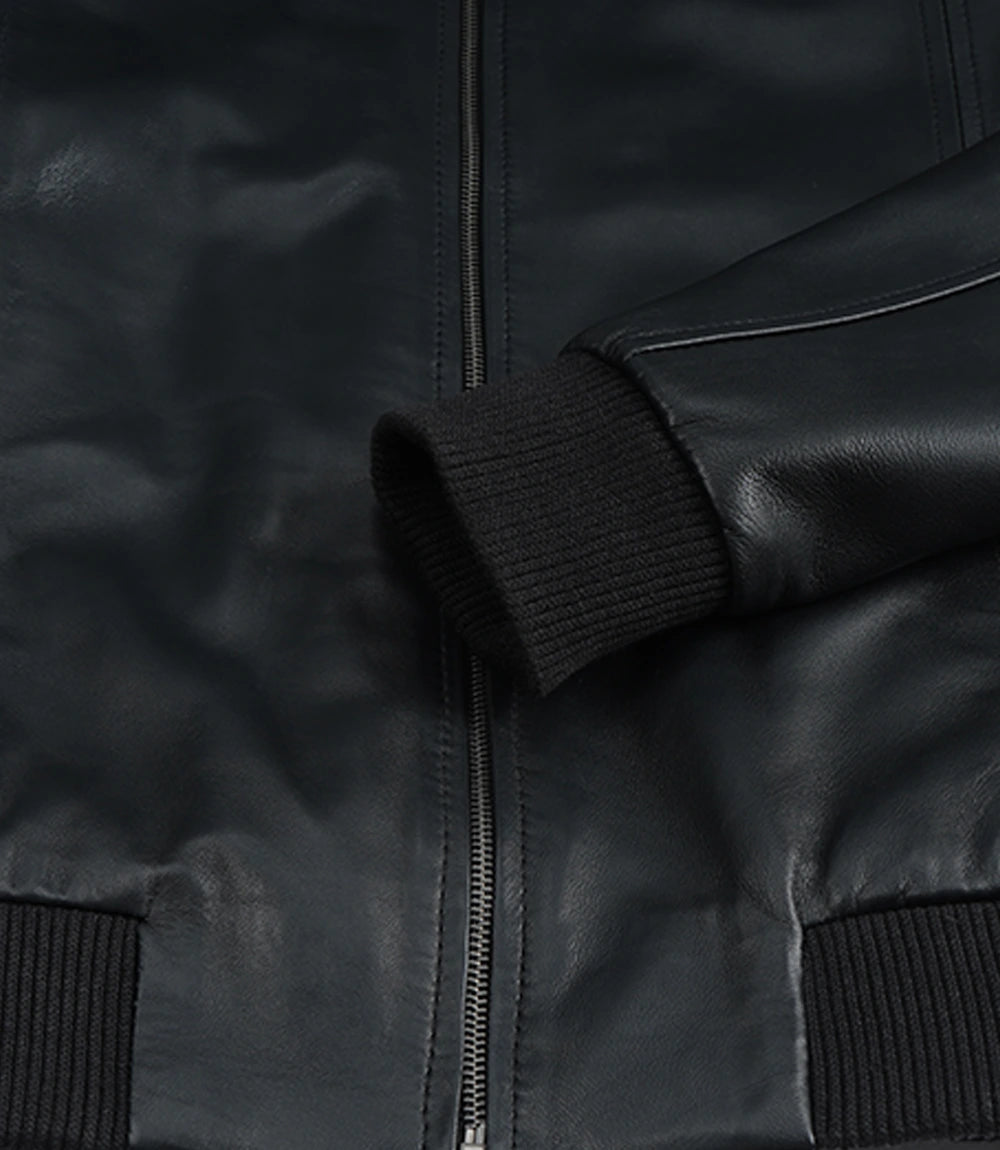 Blouson Harrington  D'agneau Noir Bomber en Cuir