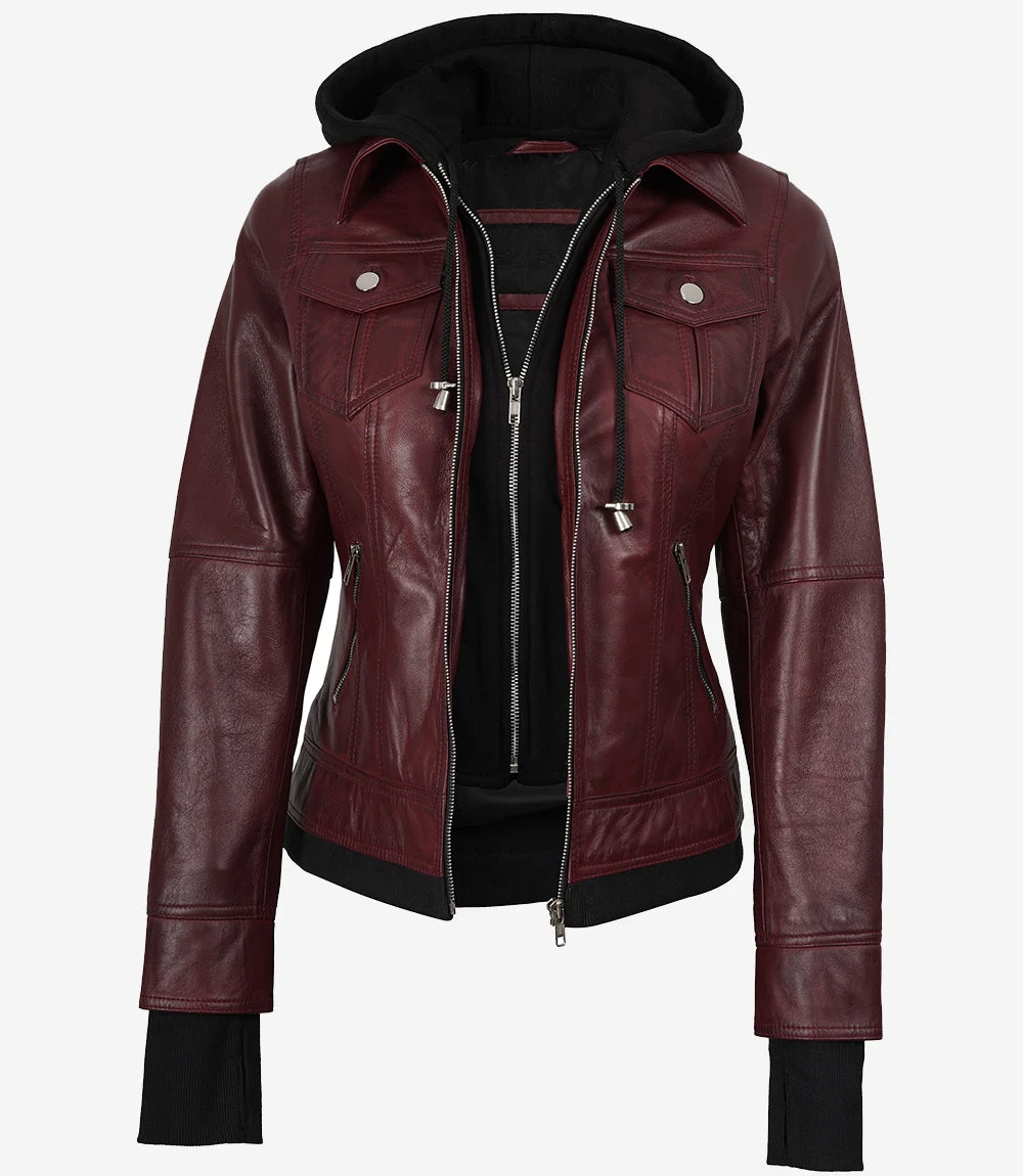 Veste en cuir à capuche pour femme