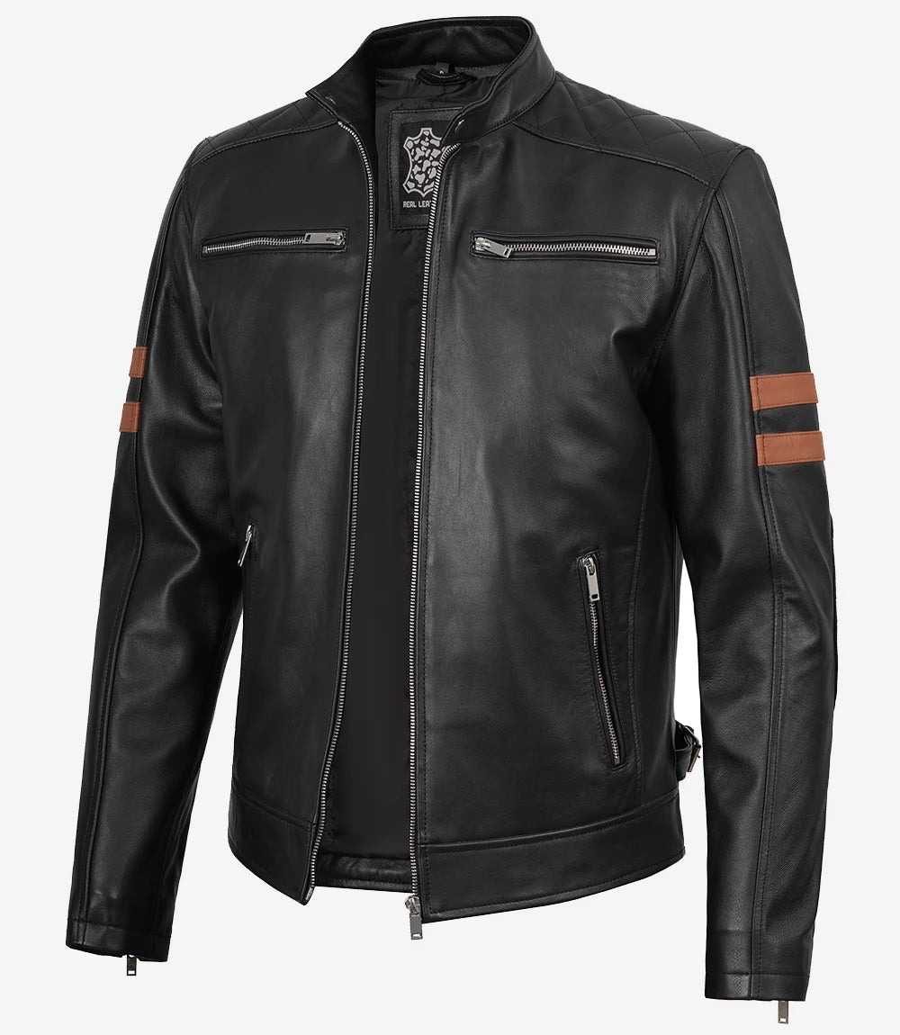 Veste en cuir noir Cafe Racer pour homme avec rayures cognac