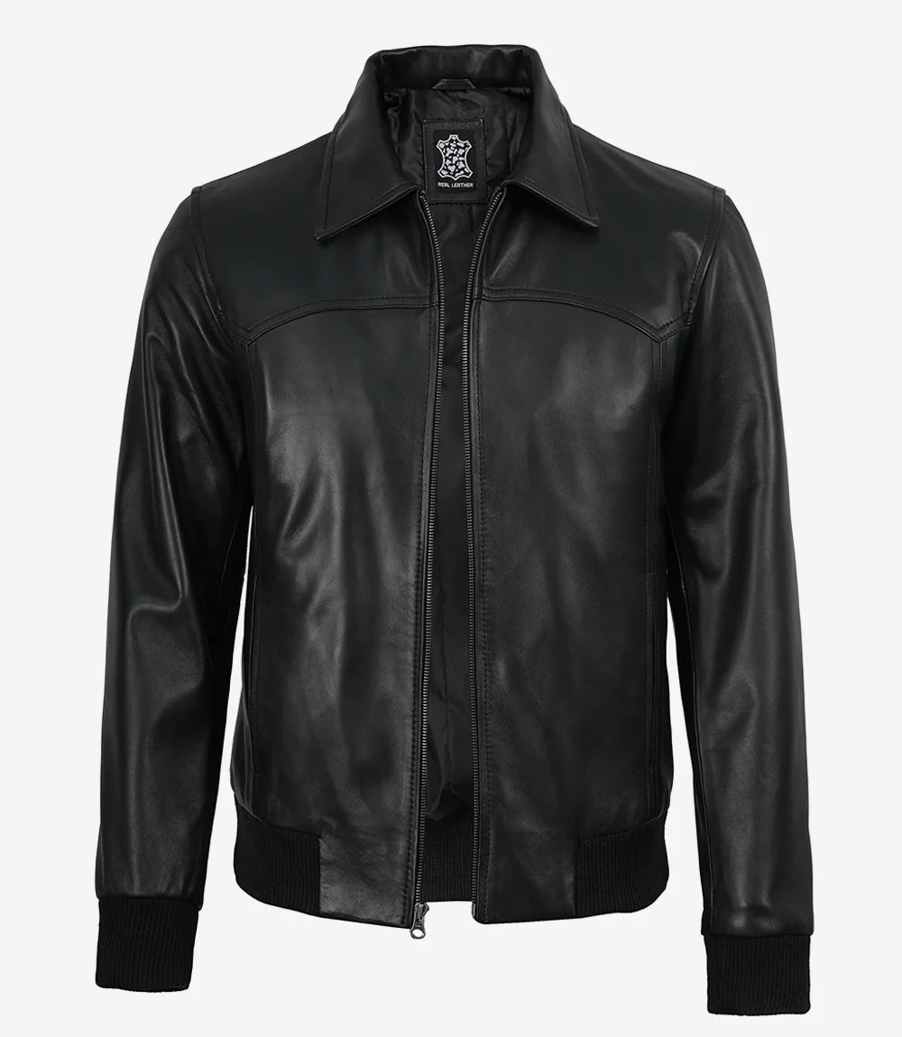 Blouson Noir Bomber Pour Homme en Cuir