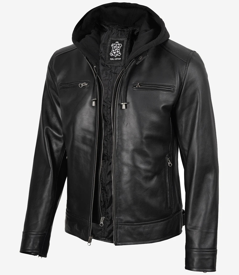 Veste en cuir noire à capuche