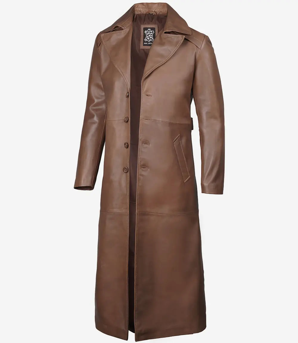 Jackson Herren-Langer Mantel aus braunem Leder im Used-Look