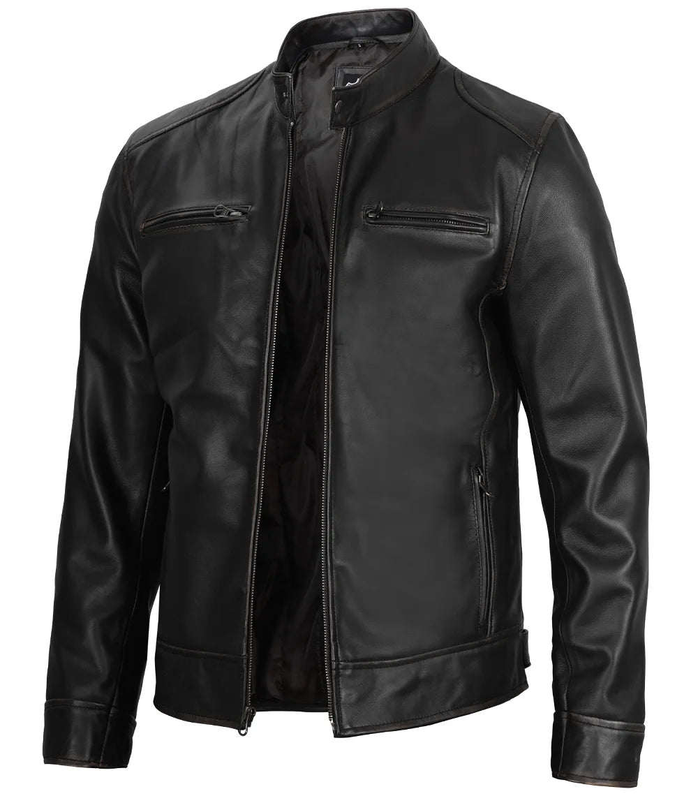Dodge Herren Cafe Racer Bikerjacke aus schwarzem Leder
