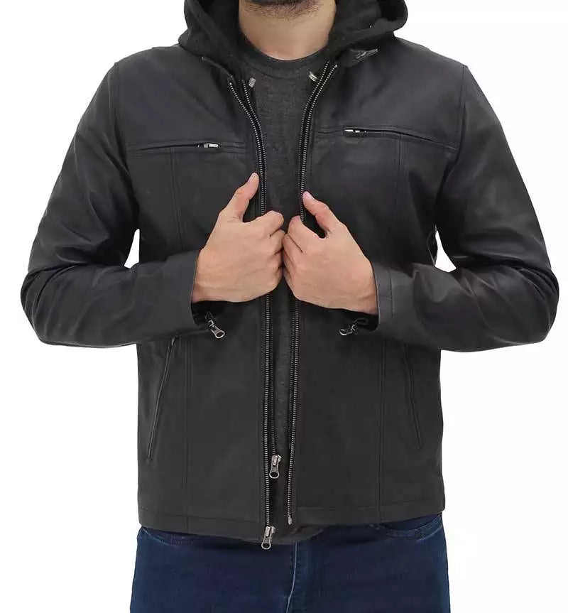veste en cuir pour homme avec capuche