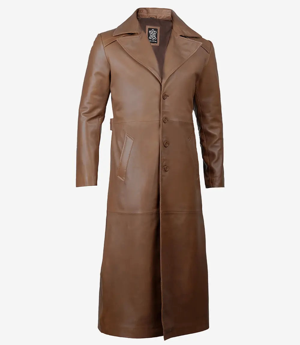 Jackson Herren-Langer Mantel aus braunem Leder im Used-Look