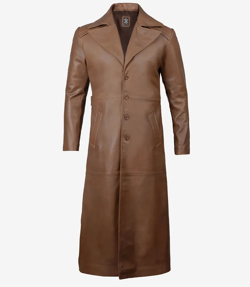 Jackson Herren-Langer Mantel aus braunem Leder im Used-Look
