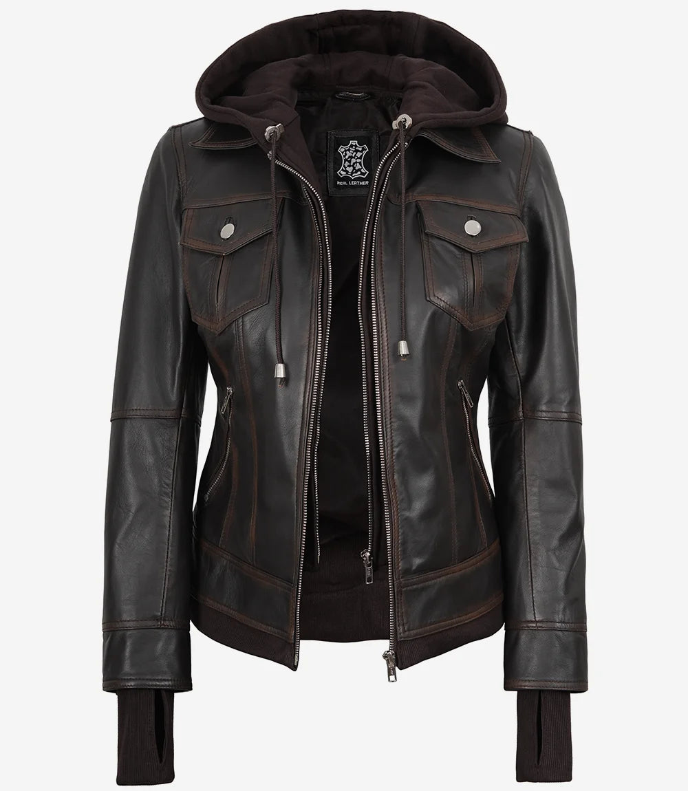 Tralee Women's Ruboff Bomber Dark Brown Leather Jacket with Hood