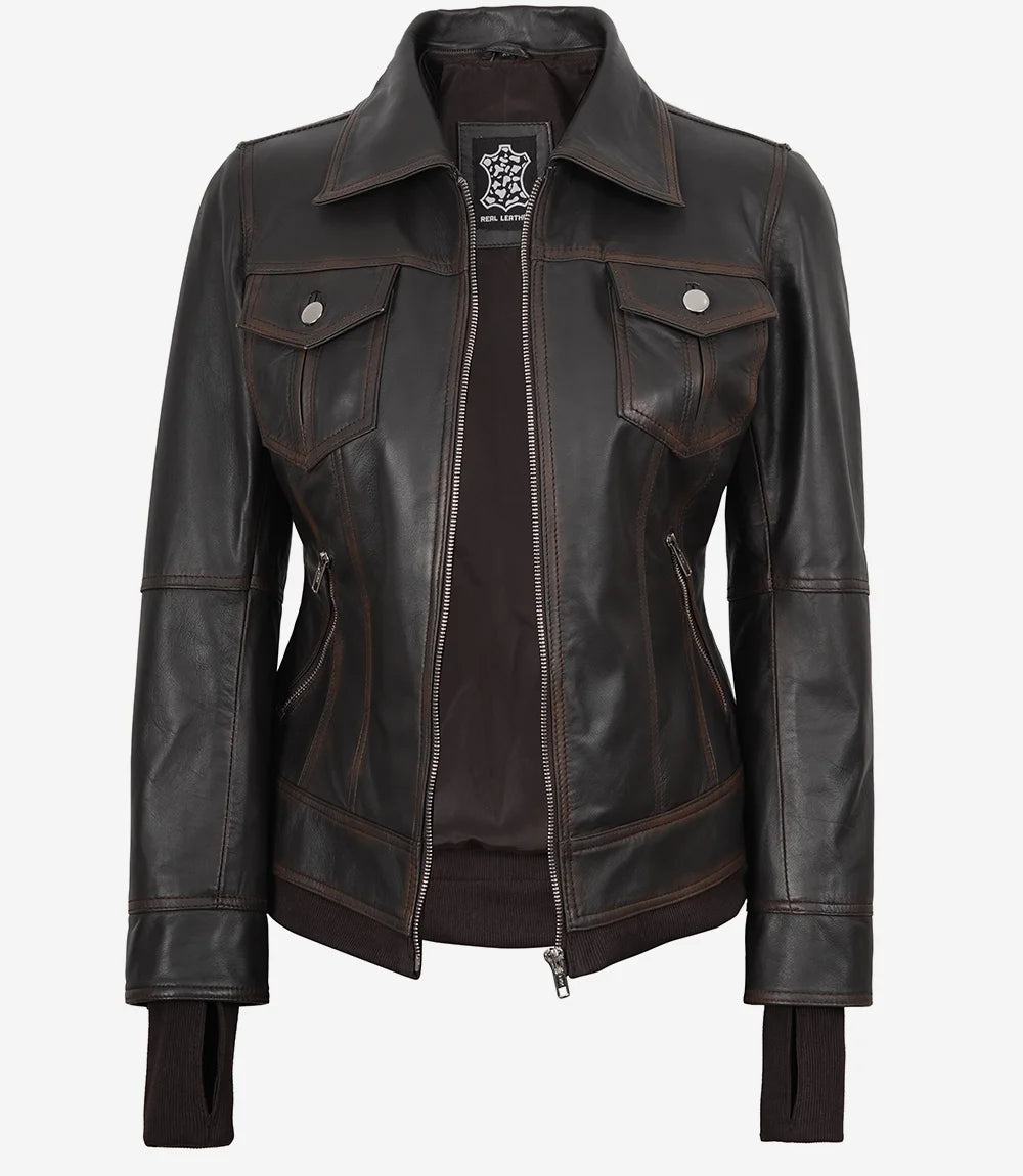 veste en cuir marron fonce pour femme