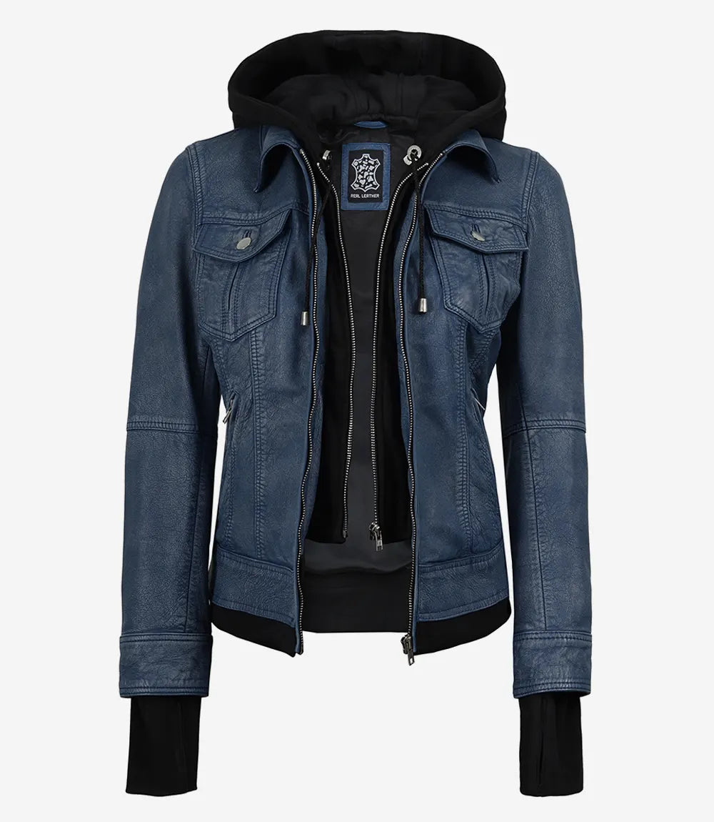 Femmes Bleu Denim Style Lavé Cuir Veste