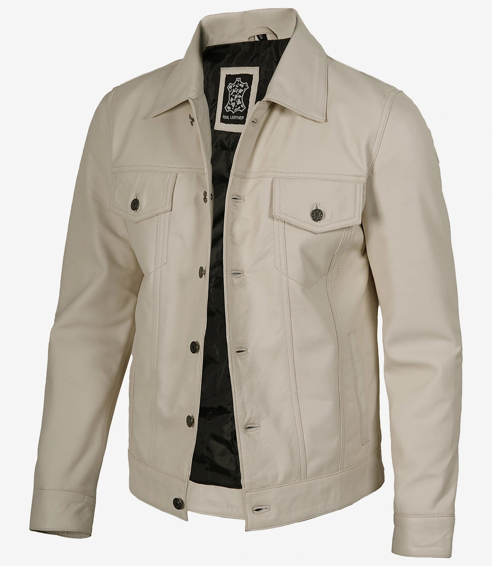 veste de camionneur en cuir blanc