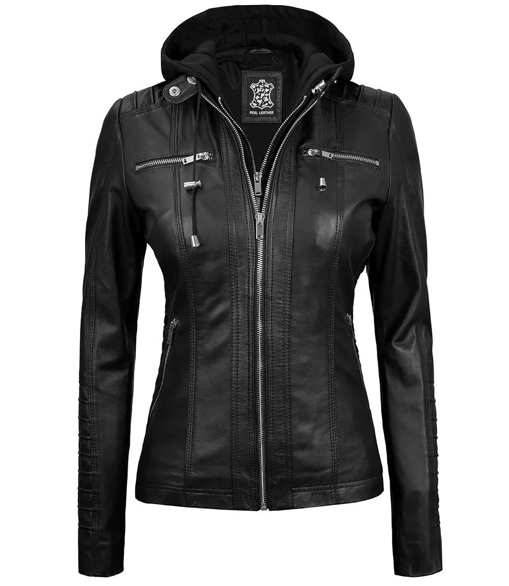Veste en cuir à capuche noire