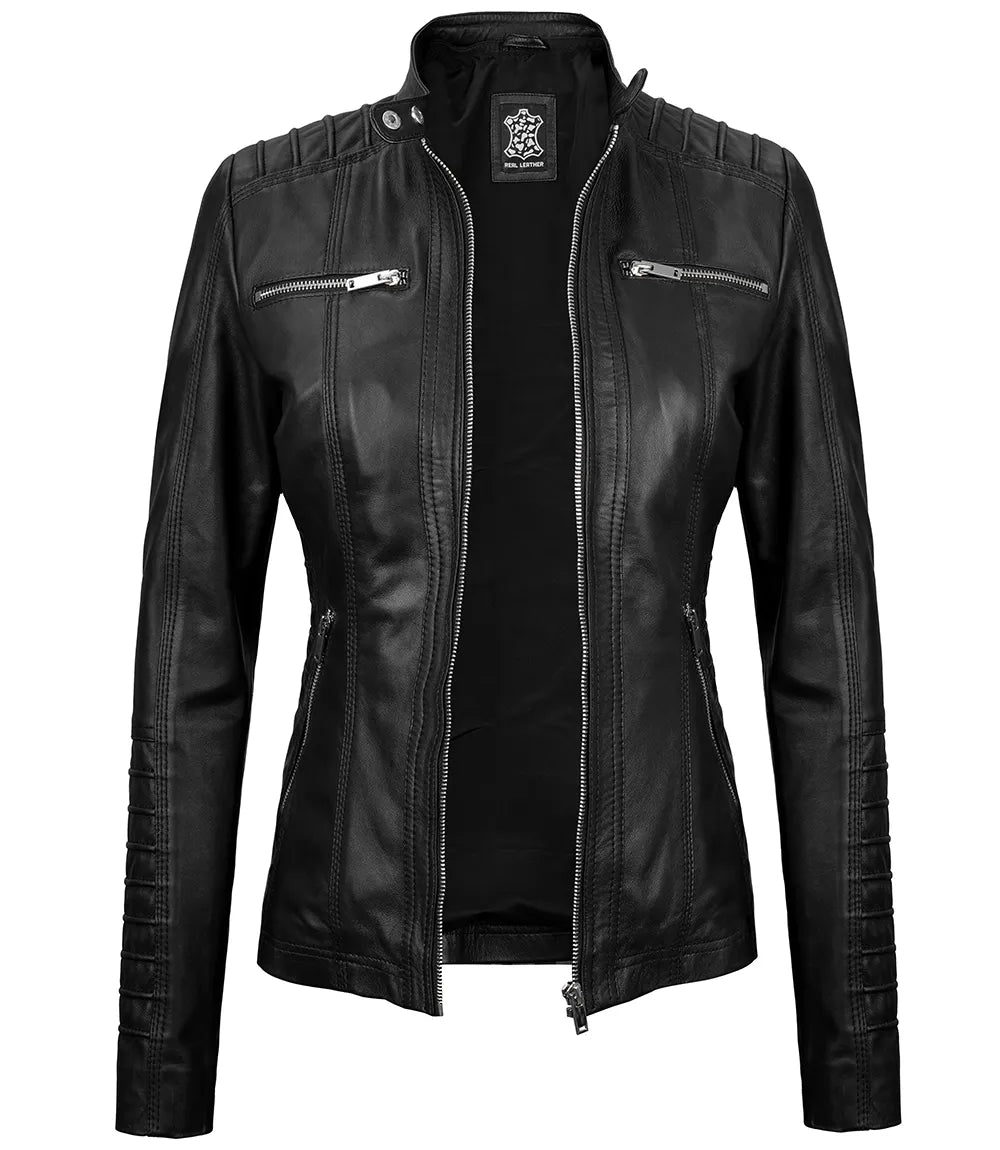 Veste en cuir noir à capuche pour femme