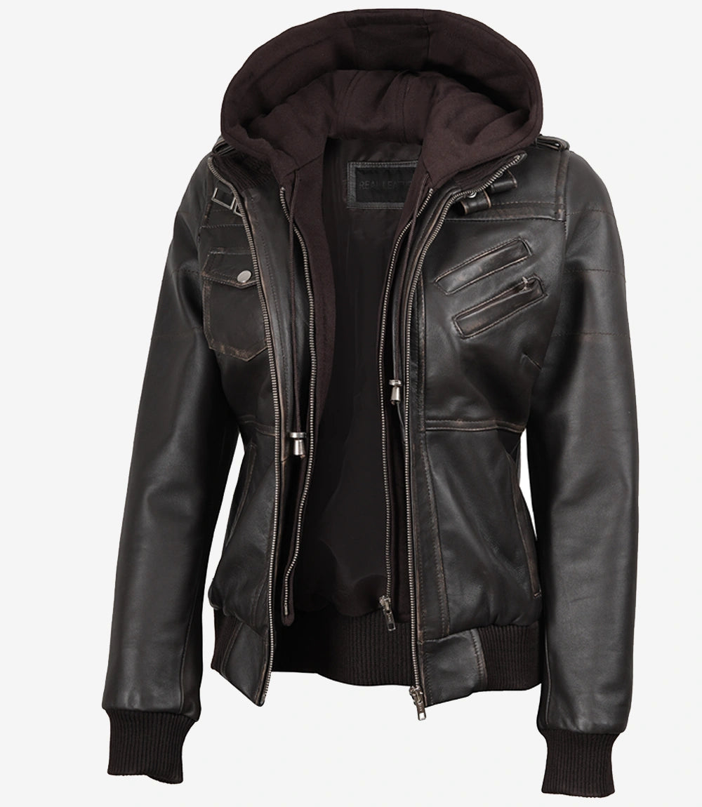 Veste en cuir à capuche marron foncé