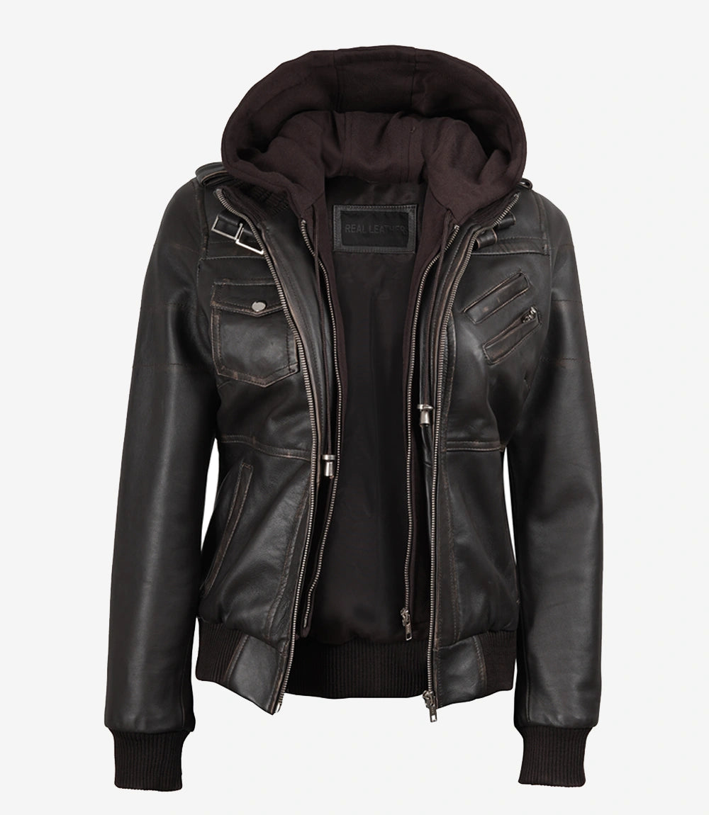 Veste en cuir à capuche pour femme
