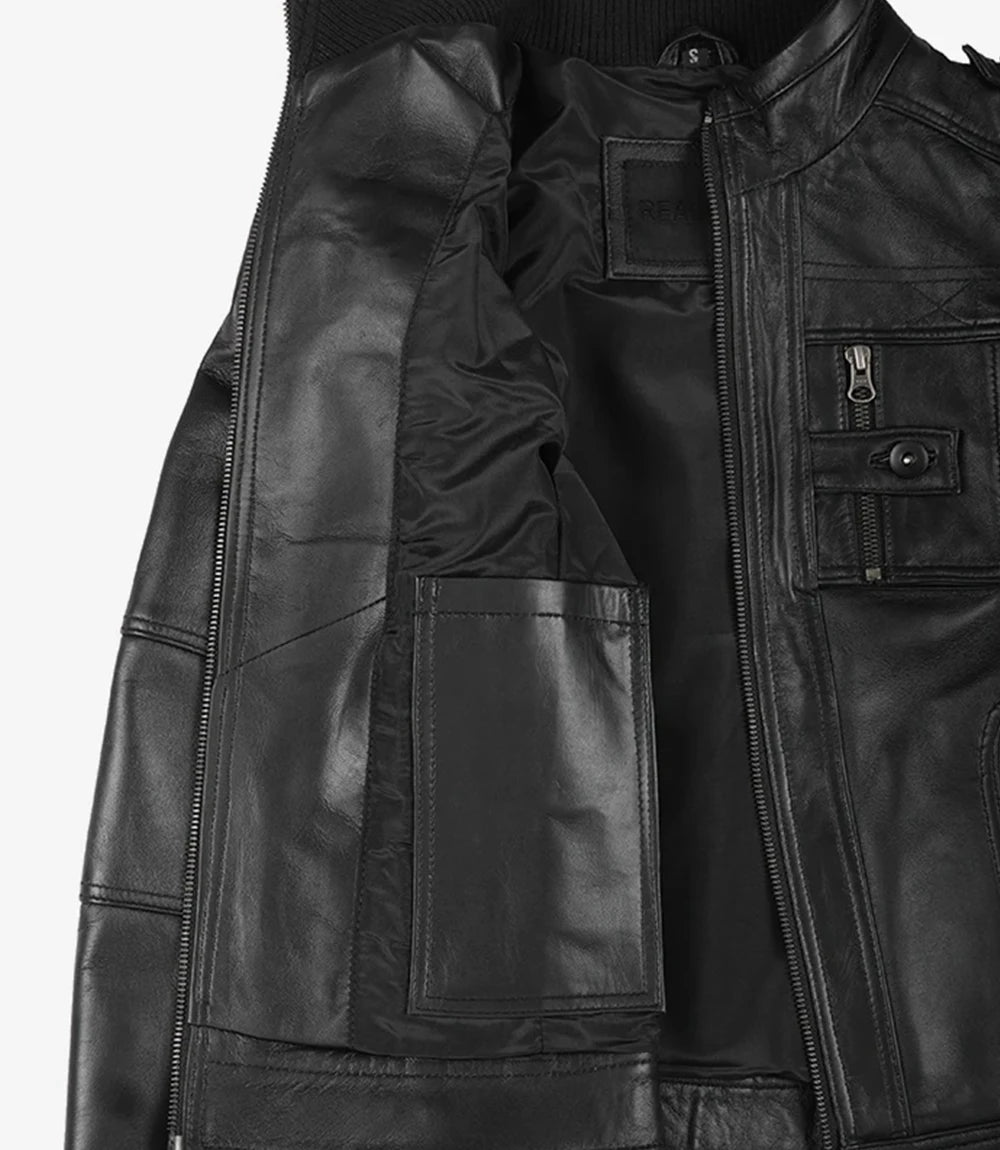 Veste en cuir noire Cafe Racer pour femme